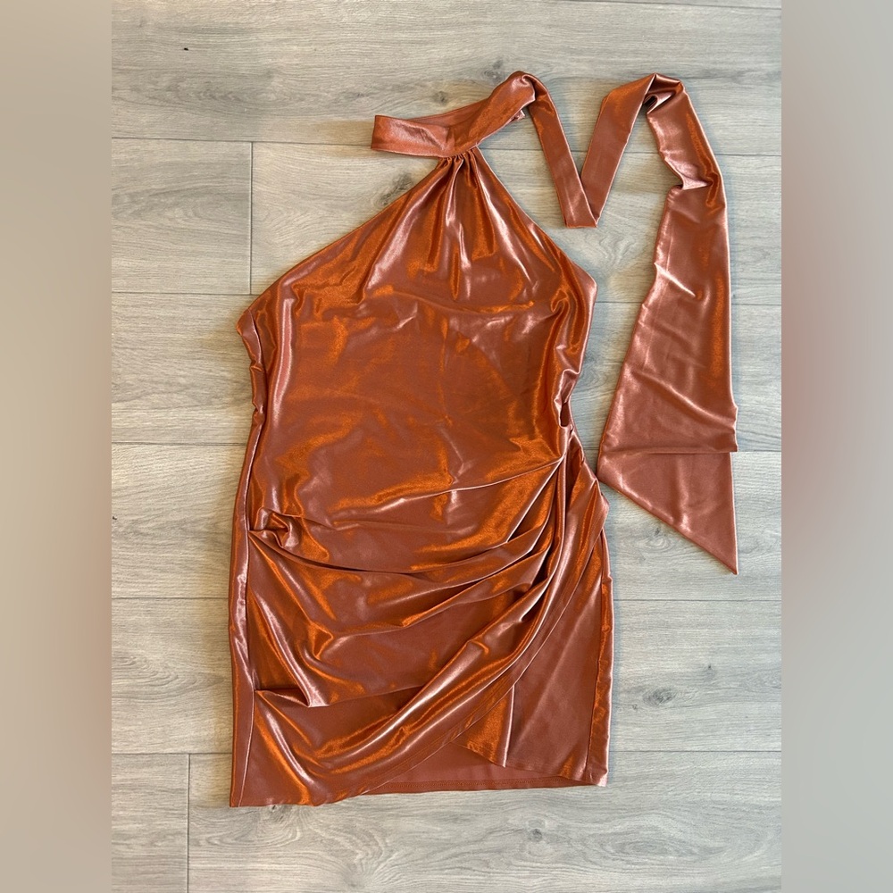 ASOS DESIGN One Shoulder Tie Stretch Satin Mini Dress In Copper - Picture 5 of 6